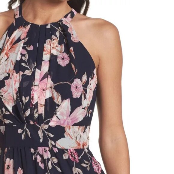Eliza J Floral‎ Halter Ruffle Maxi Dress Navy Pink Flower Dress 2 - Picture 4 of 9